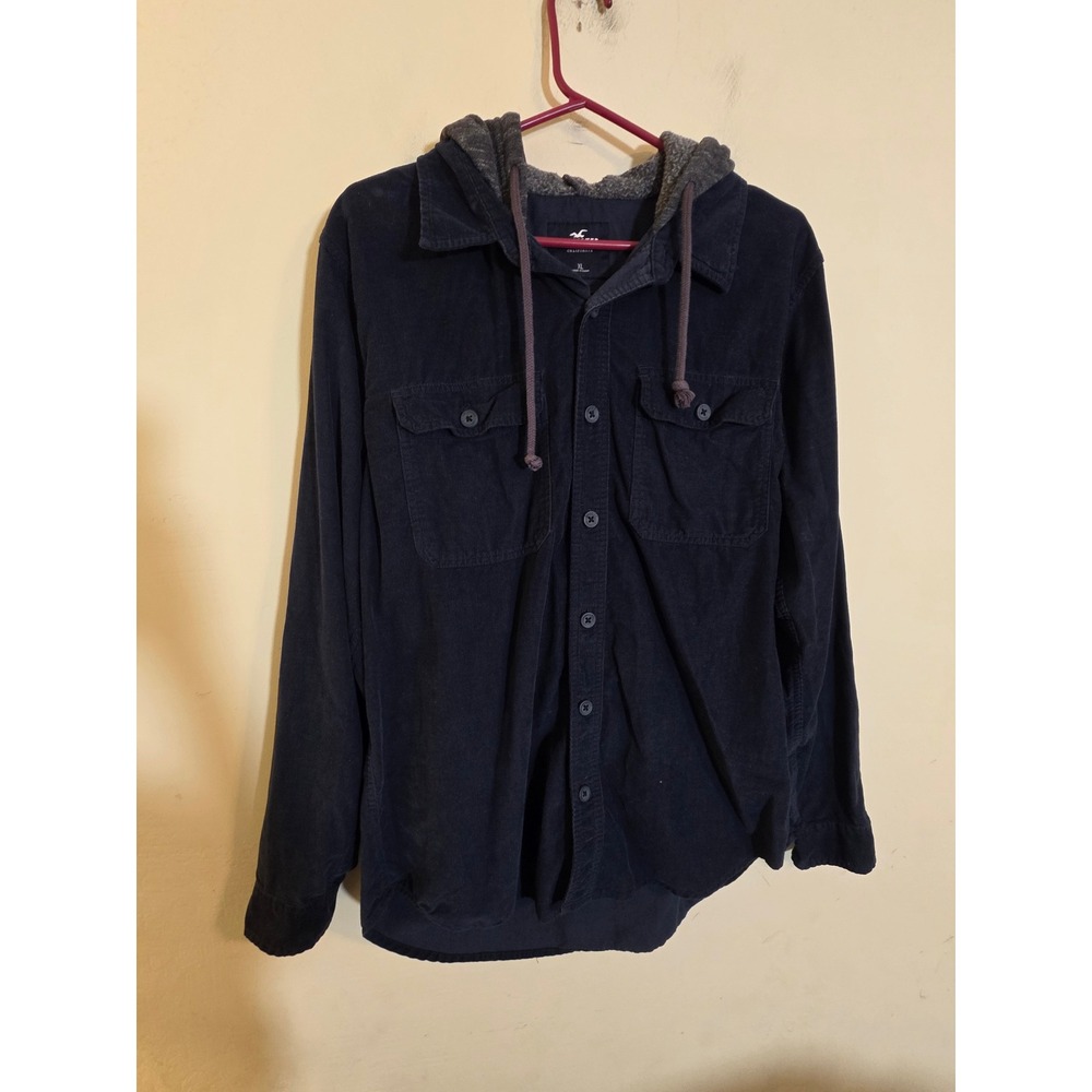 Hollister Mens XL Navy Blue Corduroy Hooded Button Down Shirt Long Sleeve Hoody